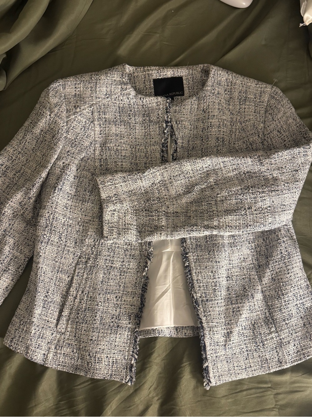 Banana Republic Women's Tweed Open-Front Jacket in Gray and Navy